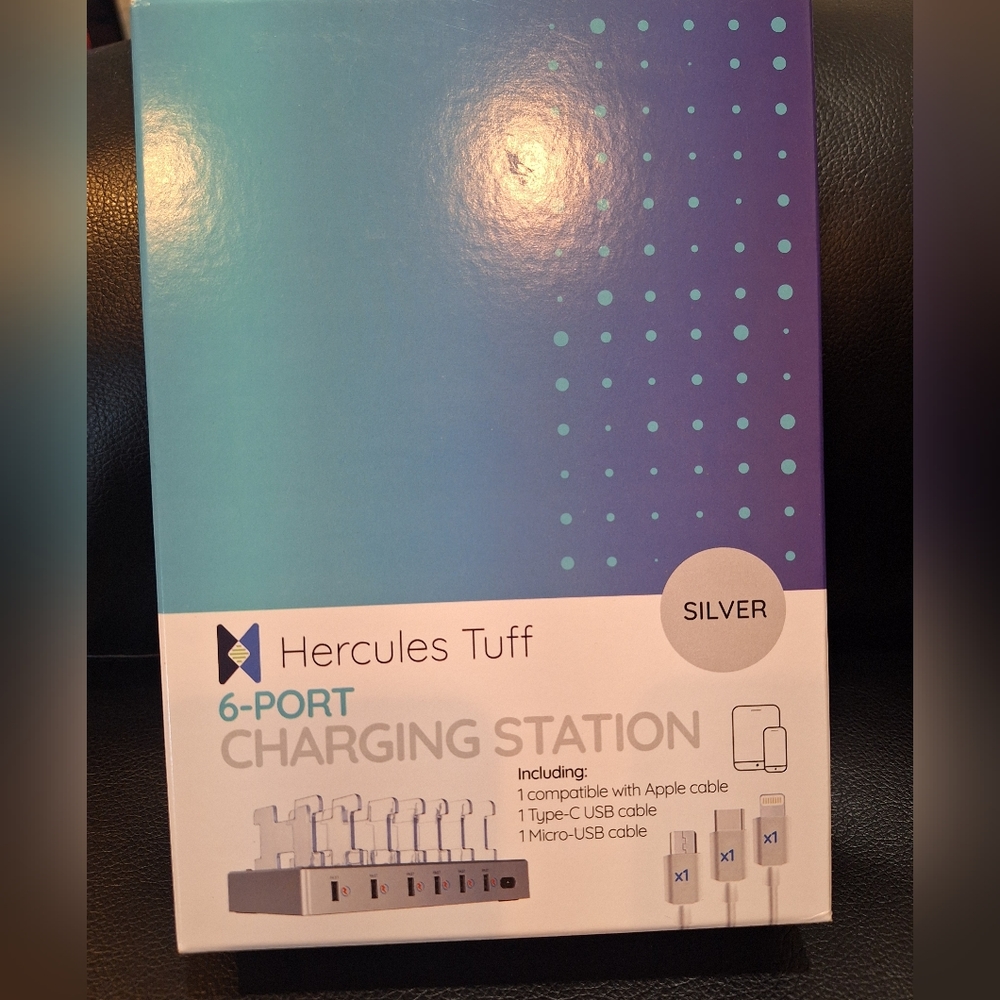 Hercules Tuff 6 Port Charging Station Apple Cable, Type C USB & Micro USB NEW